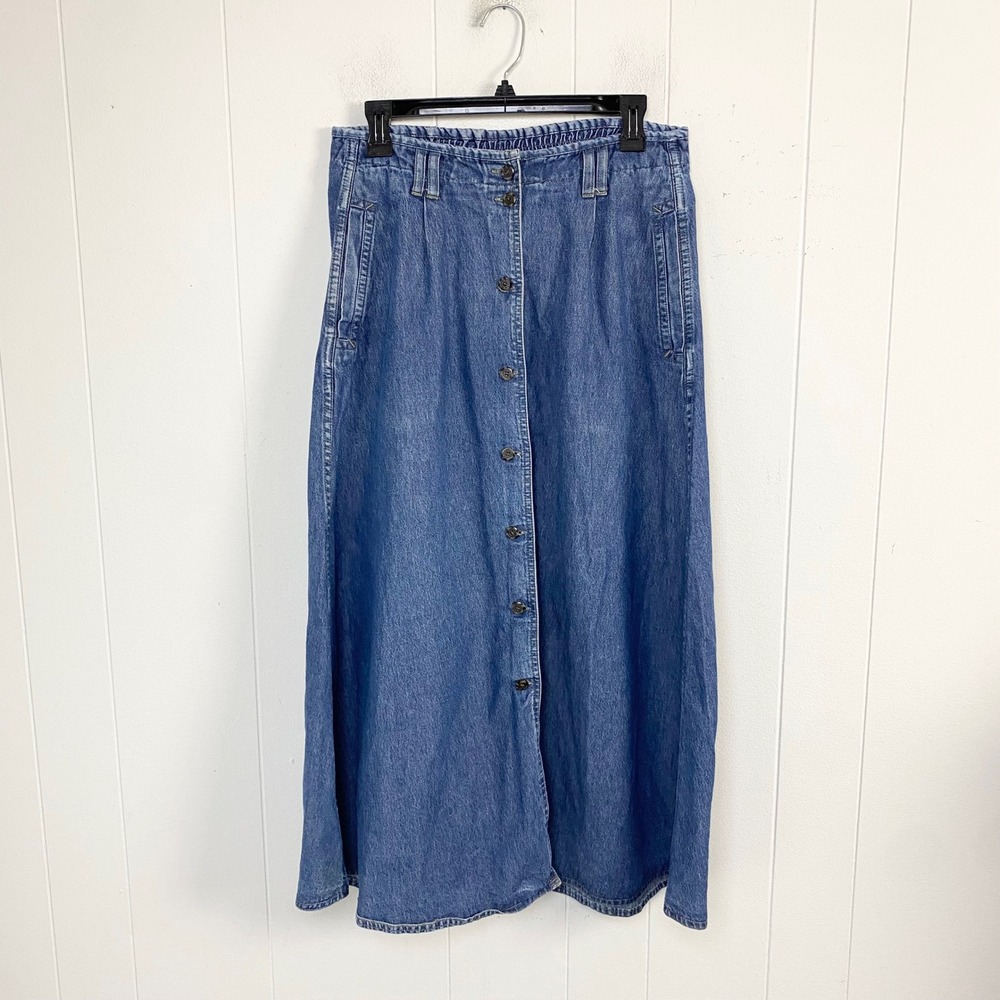 VTG Bugle Boy for Her Denim Maxi Skirt Button Front Elastic Waist Blue 12 30" W